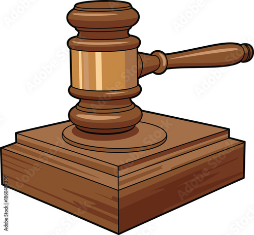 Wooden judge gavel illustration, courtroom law justice symbol, legal authority auction hammer icon, cartoon vector design, isolated white background, artwork