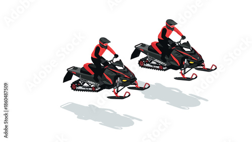 Isometric snowmobile racing with two riders in winter gear