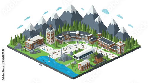 Charming mountain village in winter landscape with modern buildings and pine forest