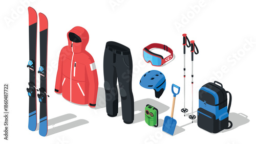 Essential isometric winter sports gear: skiing equipment and accessories collection