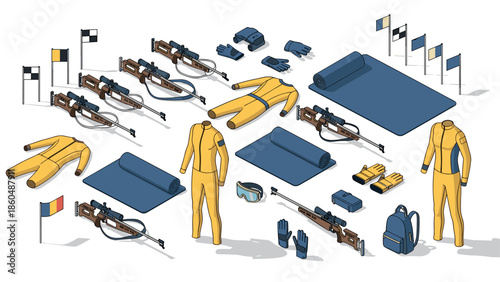 Isometric winter biathlon equipment set with skis, rifles, flags, and apparel