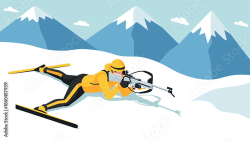 Biathlon athlete in action: shooting and skiing in snowy mountains