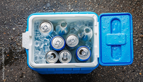 Top View of Open Blue Cooler Box with Ice and Drinks on Asphalt