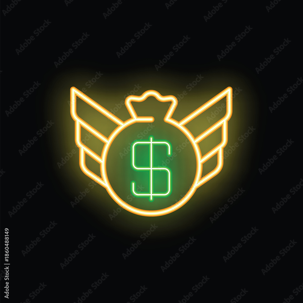Obraz premium Glowing neon sign illustrating a money bag with wings and crown, symbolizing financial freedom and success
