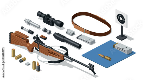 Isometric rifle components and accessories illustration for shooting enthusiasts