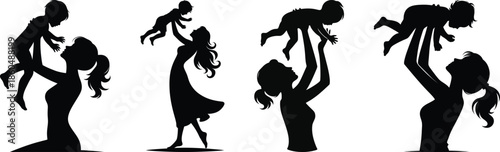 Silhouettes of mothers playing with children in various poses