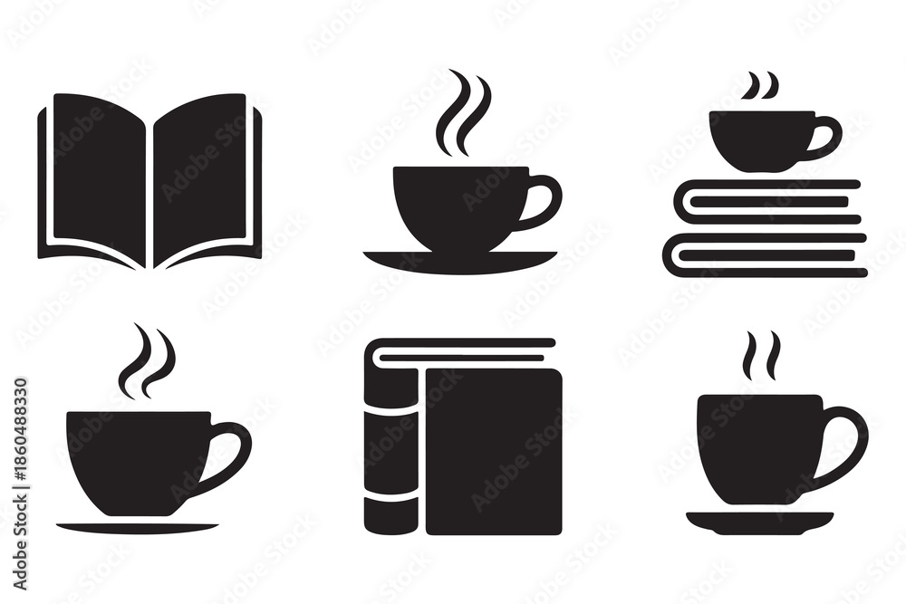 Obraz premium Reading concept book and coffee cup black silhouette 