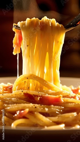 Fork Lifting Hot Spaghetti Carbonara With Steam