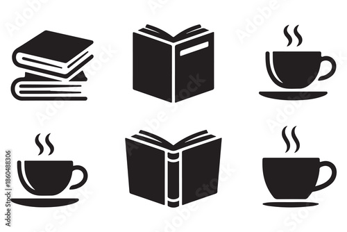 Reading concept book and coffee cup black silhouette
