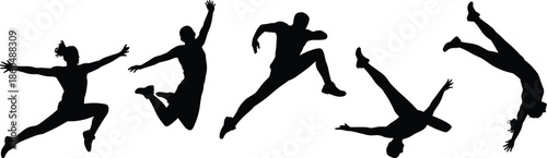 Silhouettes of Five People Jumping in Dynamic Poses Depicting Energy, Motion, and Athletic Expression on White Background