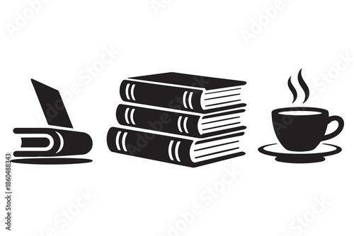 Reading concept book and coffee cup black silhouette
