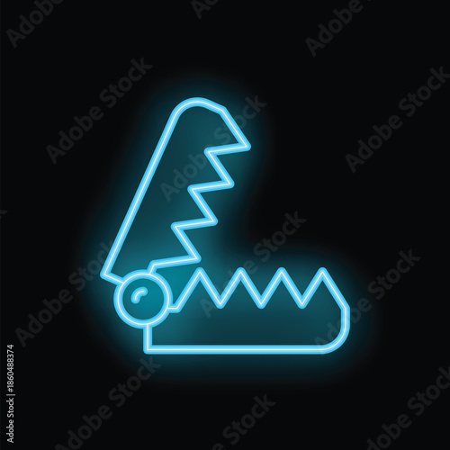 Bright blue neon sign of a bear trap glowing on a black background