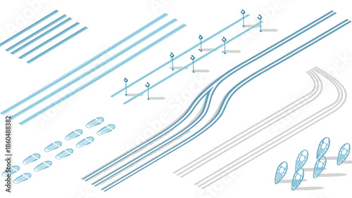 Winter ski resort elements with ski lift, tracks, and footprints for design projects