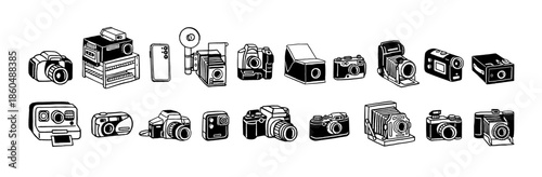 Doodle set of video and photo camera evolution. Development from old and retro photocamera to modern. Different videocamera in history. Flat isolated outline vector illustrations on white background.