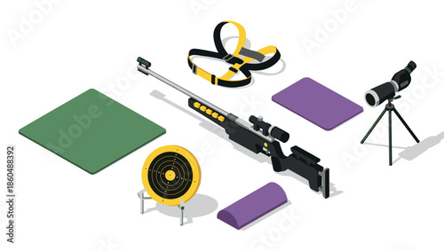 Isometric shooting range equipment set with rifle, targets, and gear