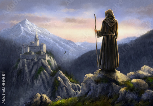 The Silent Watcher, Monk Over the Remote Mountain Monastery at Dawn