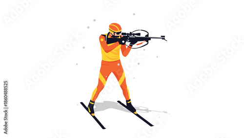 Dynamic biathlon athlete with rifle and skis in vibrant winter scene