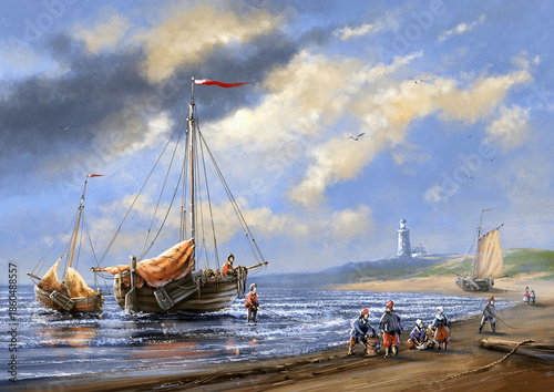 Fishing Boats on a Northern Shore, boats on the beach, paintings sea landscape