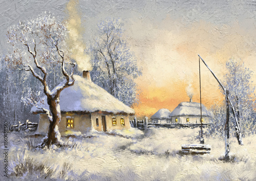 Winter Morning on the Snow-Covered Path to the Village. Oil paintings rural winter landscape, fine art.