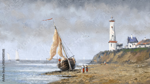Fishing Boats on a Northern Shore, boats on the beach, paintings sea landscape