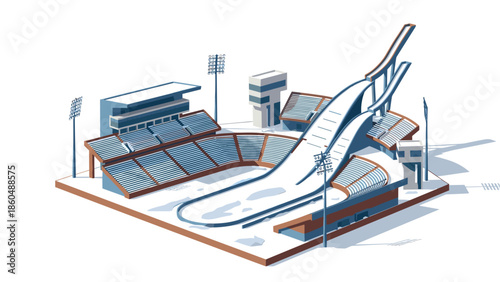 Winter sports stadium with ski jump ramp in modern isometric design