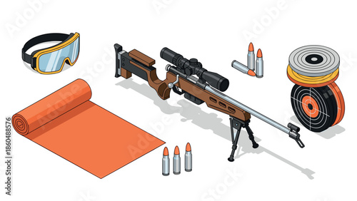 Isometric sniper rifle with shooting equipment and target concept art