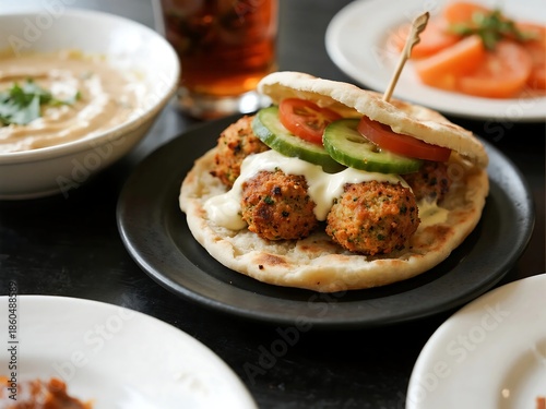 Arabic Cuisine Dishes. Falafel Deep-fried crushed chickpeas, served in a pita sandwich with vegetables and tahini sauce