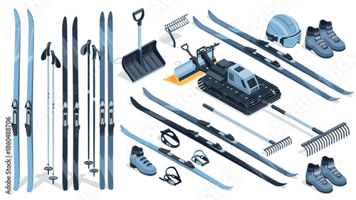 Winter sports equipment and snow grooming isometric set in shades of blue for outdoor recreation