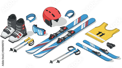 Isometric winter sports gear: skis, bindings, helmet, and accessories collection