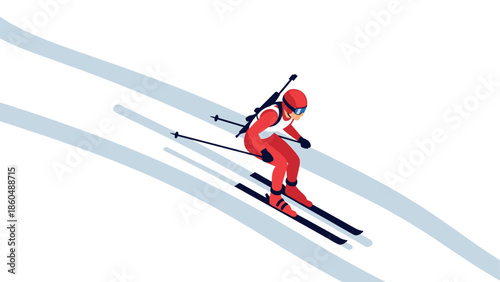 Dynamic isometric skier on snowy descent with equipment and motion trail