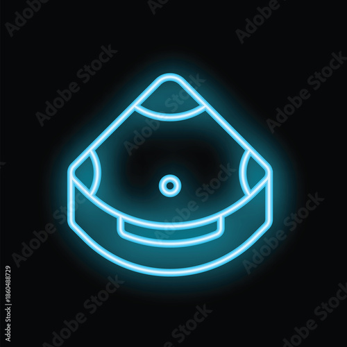 Blue neon sign icon of a robotic vacuum cleaner cleaning a surface on a black background