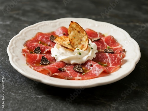 Beef Carpaccio Ribbon with Truffle Cream & Crispy Root Chips
