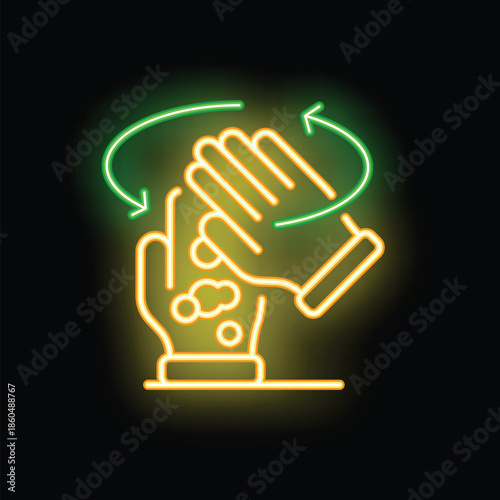 Neon sign of two hands being rubbed together with soap and water surrounded by a circular arrow