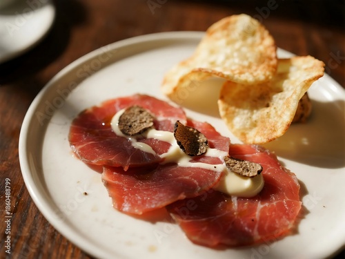 Beef Carpaccio Ribbon with Truffle Cream & Crispy Root Chips