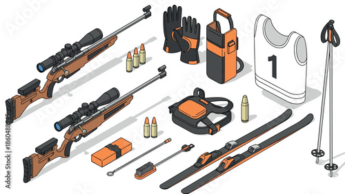 Biathlon equipment isometric set: rifles, skis, and accessories