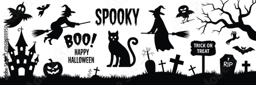 Spooky Halloween silhouettes with haunted house, witches, ghosts, bats, pumpkins, and graveyard elements on white background for design use