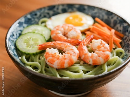A refreshing matcha green tea noodle bowl served cold, topped with tender shrimp, thin egg strips, and crisp julienned cucumber and carrot
