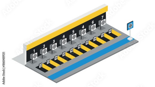 Isometric shooting range with target practice lanes and numbered paths