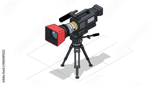 3d isometric video camera on tripod with red lens cover