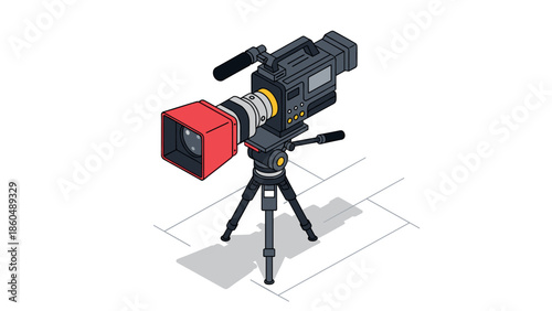 Isometric video camera on tripod with red lens housing and digital controls