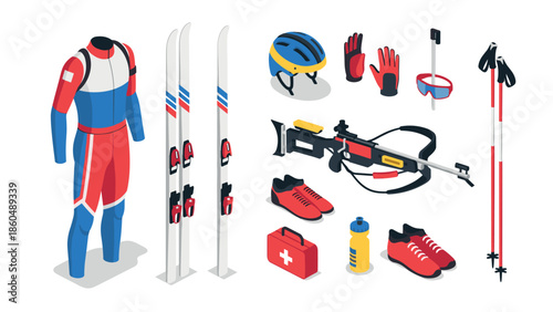 Winter sports equipment set with skiing gear and accessories in isometric style