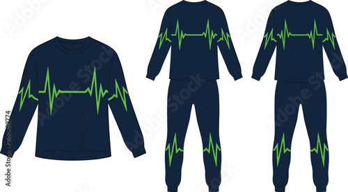 Sweatshirt, sweatpants, EKG, heartbeat, dark blue, green, fashion, sketch, front, back, silhouette, posture, gesture, setup, vector, pose, flavector,