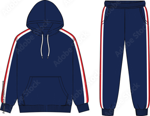 Tracksuit, hoodie, sweatpants, stripe, navy, red, white, fashion, sketch, front, back, silhouette, posture, gesture, setup, vector, garment, technical, flat, cad drawing flat vector