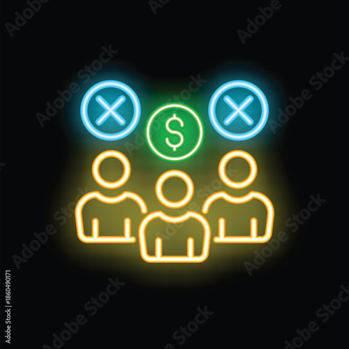 Neon signboard style icon representing a team facing financial losses, symbolizing economic downturn and business failure