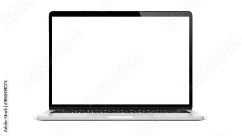 A silver laptop computer with a blank white screen on a black background