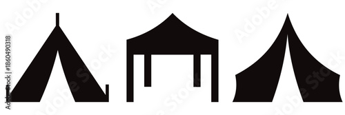 Tent icon set for camping and outdoor events, black outline and flat silhouette styles.