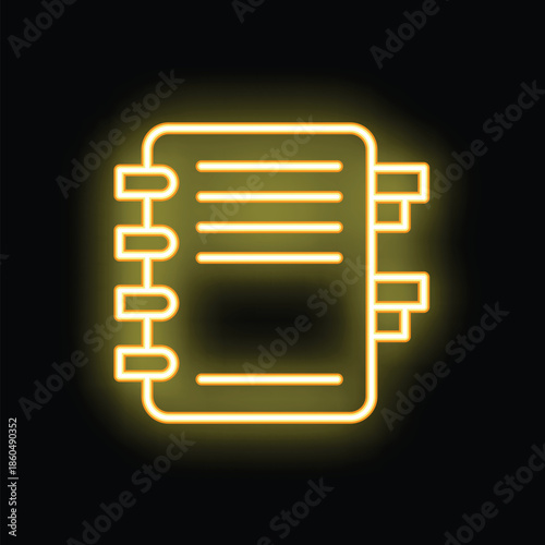 Yellow neon sign depicting a notebook with metallic spiral binding glowing on black background