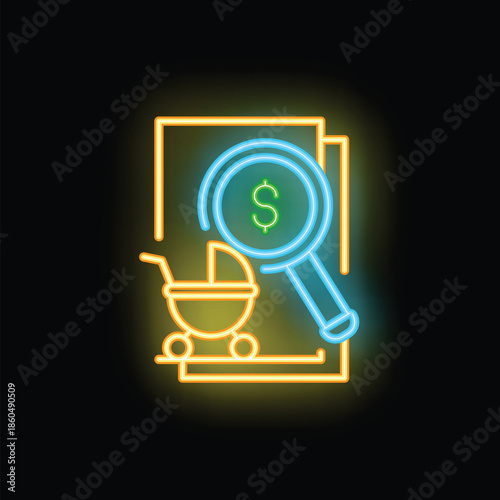 Glowing neon line icon of a magnifying glass searching for money for a baby stroller, representing financial planning for new parents