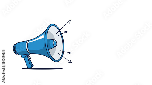 A blue megaphone or bullhorn cartoon icon emitting sound waves, isolated on a white background, symbolizing announcement, communication, and protest.