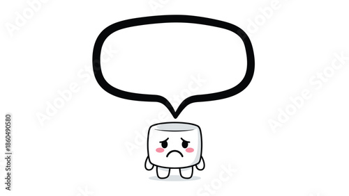 A cute and sad marshmallow cartoon character with a large, empty, black-outlined speech bubble above its head, expressing sorrow, loneliness, or disappointment.